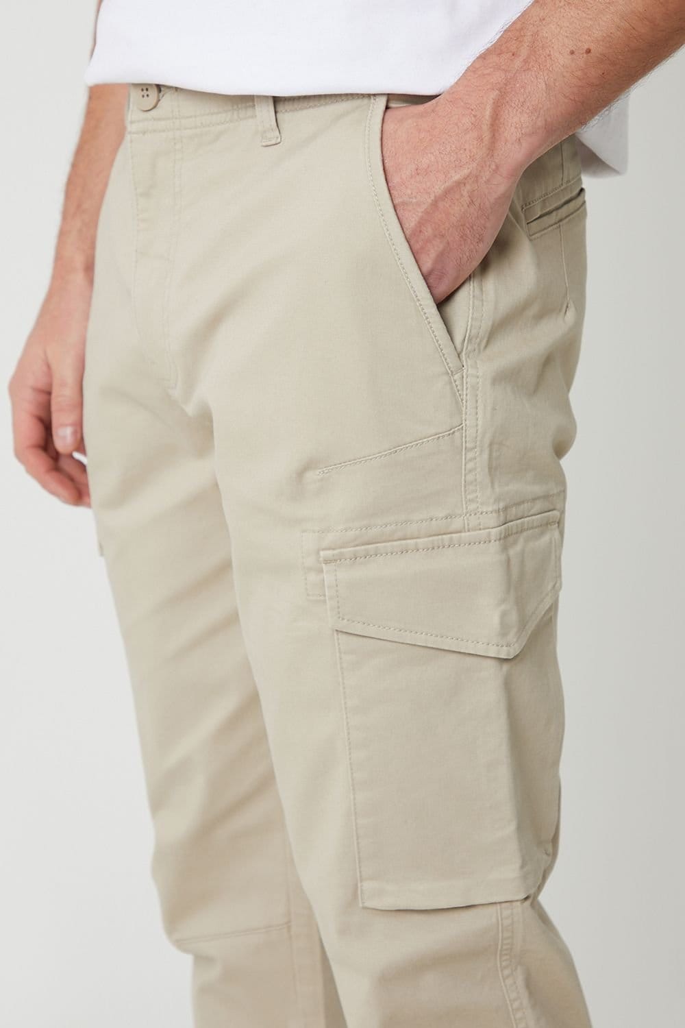 Threadbare Threadbare Men's Cotton Cargo Trousers With Stretch in Light Stone - 4