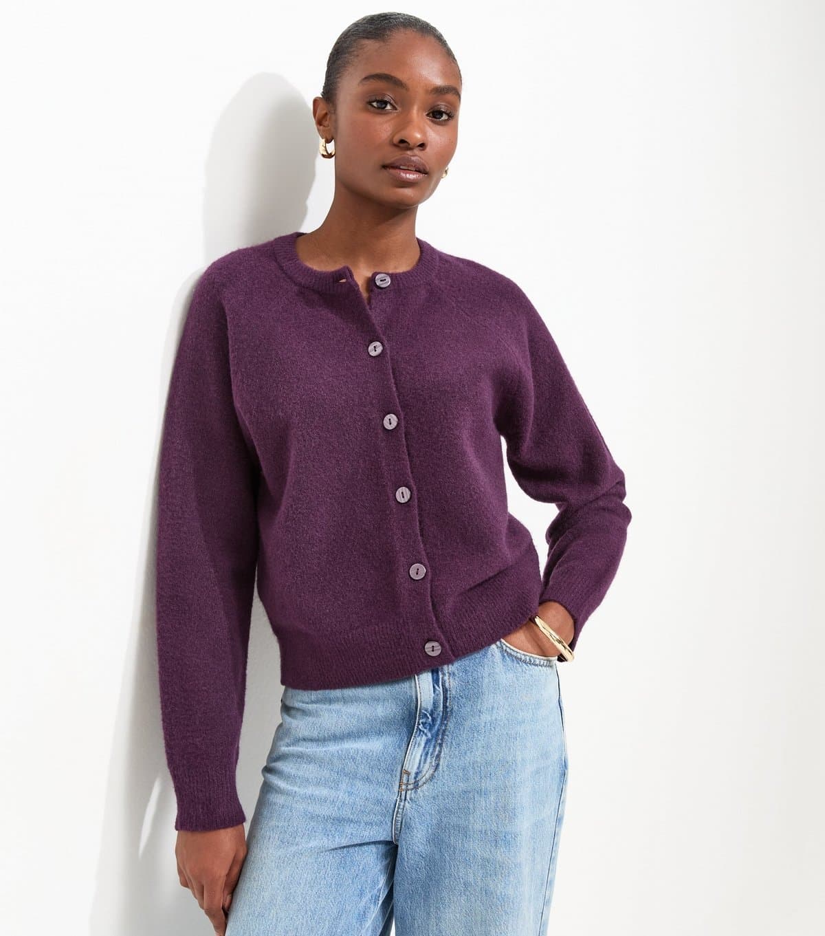 New Look Women's Bright Purple Knitted Meet The Jean Raglan Cardigan New Look