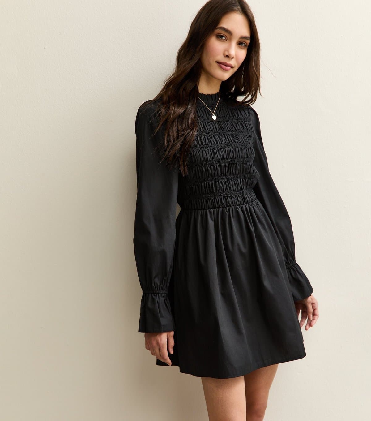 New Look Women's Black Shirred Bodice Long Sleeve A-line Mini Dress New Look