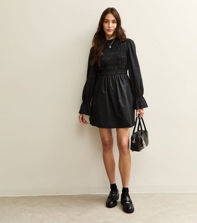 New Look Women's Black Shirred Bodice Long Sleeve A-line Mini Dress New Look - 2