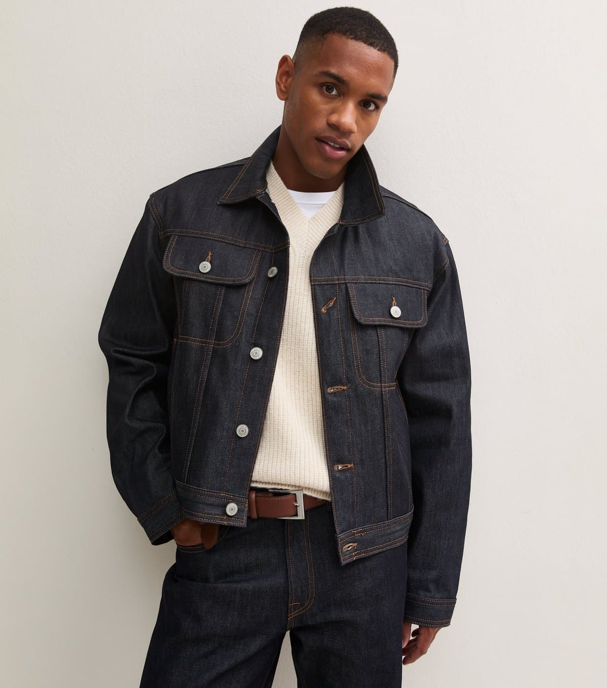 jack & jones Men's Navy Cotton Contrast Stitch Denim Jacket Jack & Jones New Look