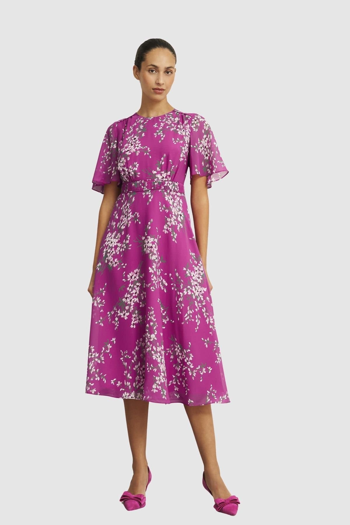 Hobbs London Hobbs London Women's Bronwyn Short Sleeve Printed Midi Dress in Fuchsia