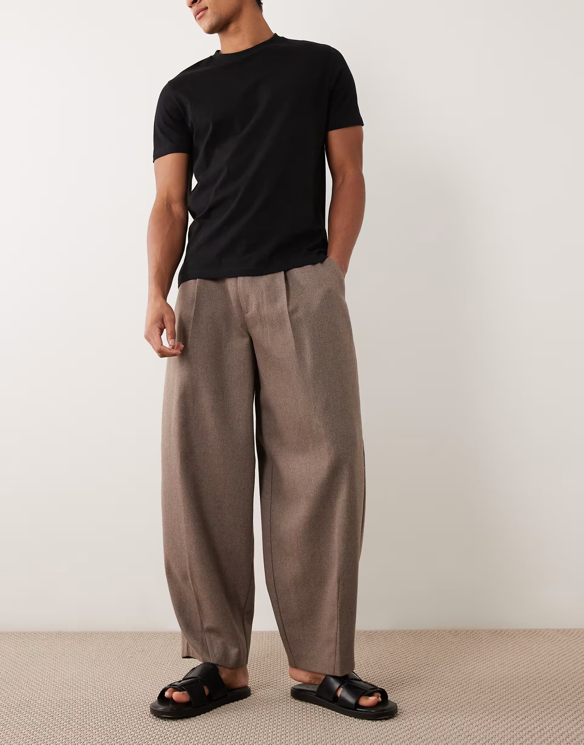 ASOS ASOS DESIGN smart wide barrel leg trousers with wool in light brown herringbone