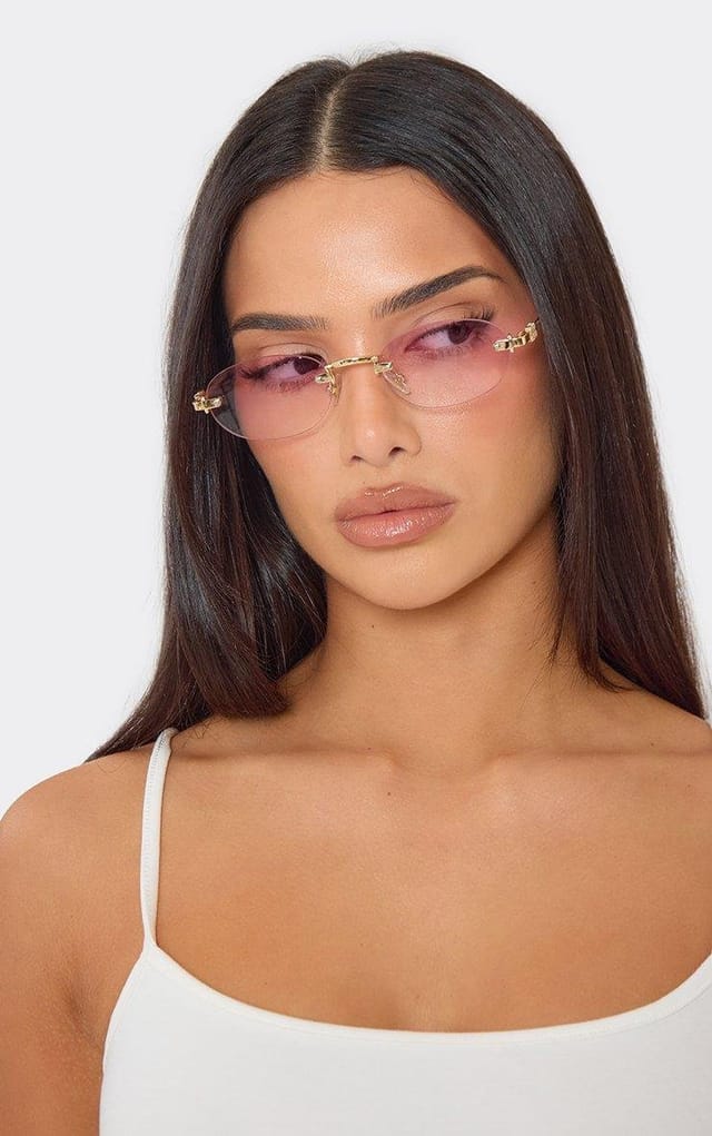 EGO Side Logo Oval Shaped Tinted Lense Frameless Sunglasses In Pink And Gold, Women's Size UK 0 - 2