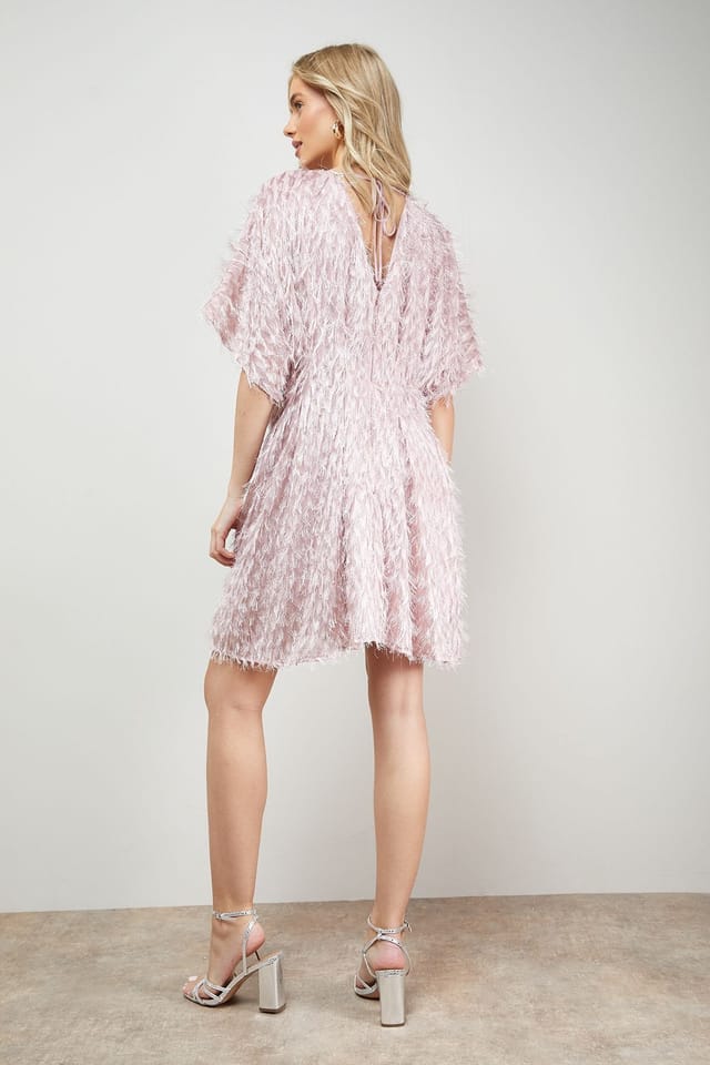 Oasis Oasis Women's Fringed V Neck Batwing Mini Dress in Light Pink - 3