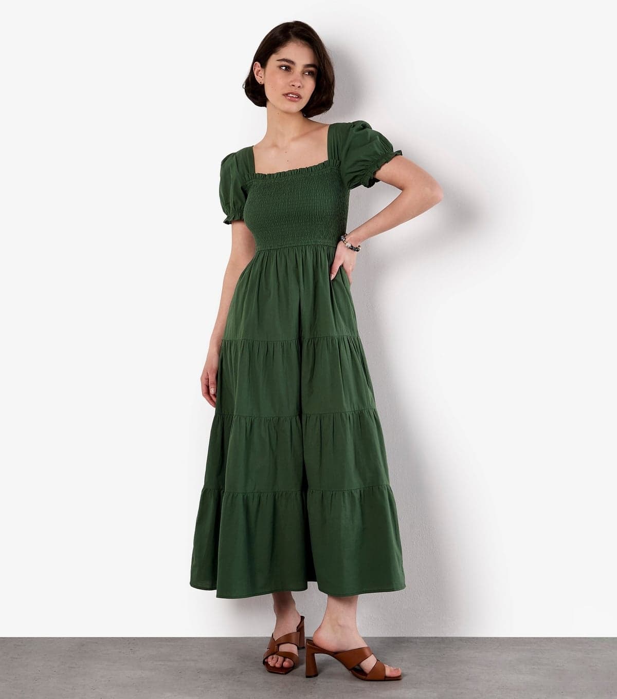 Apricot Women's Dark Green Smocked Cotton Tiered Dress Apricot New Look