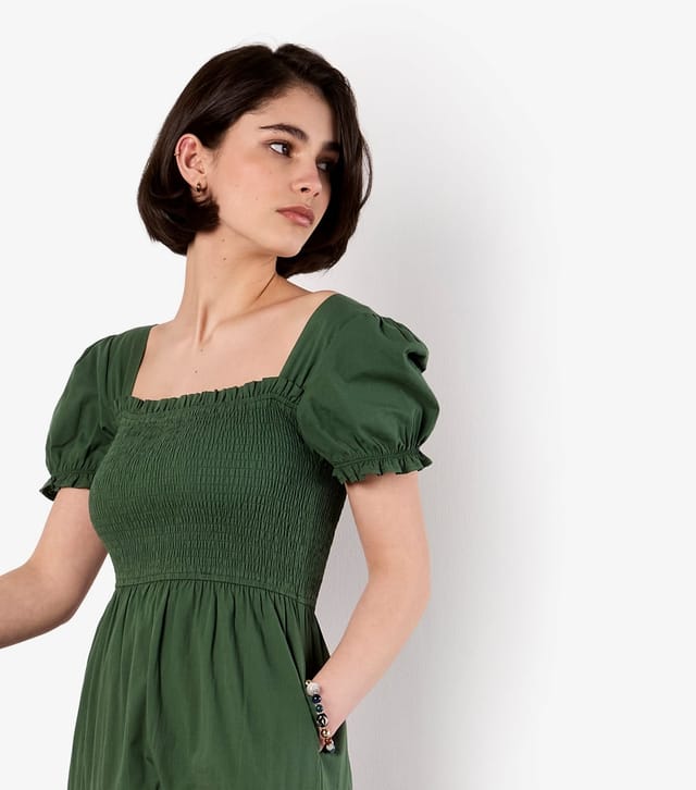Apricot Women's Dark Green Smocked Cotton Tiered Dress Apricot New Look - 2