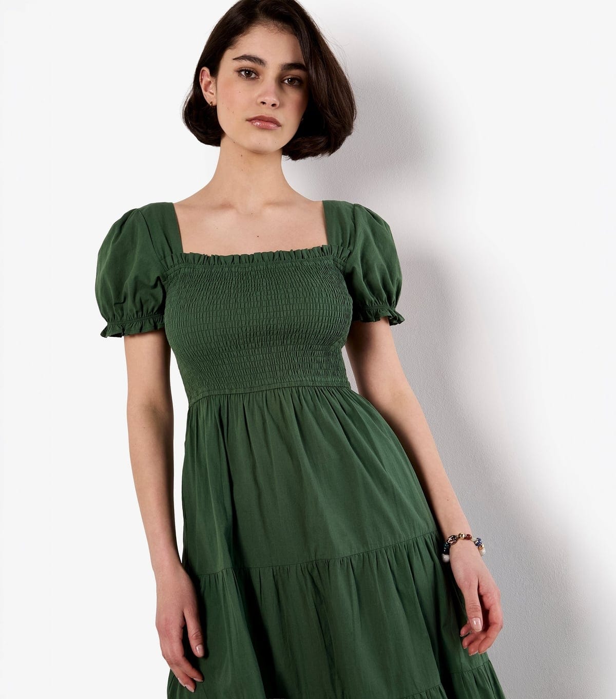 Apricot Women's Dark Green Smocked Cotton Tiered Dress Apricot New Look - 4