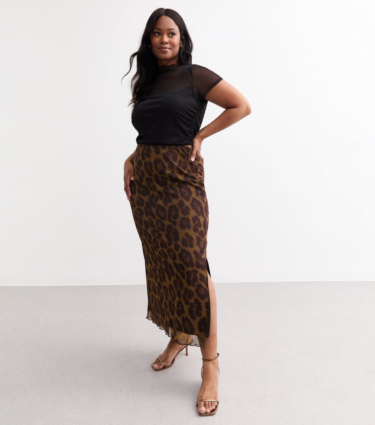 New Look Women's Plus Size Brown Leopard Print Mesh Midi Skirt Curves New Look