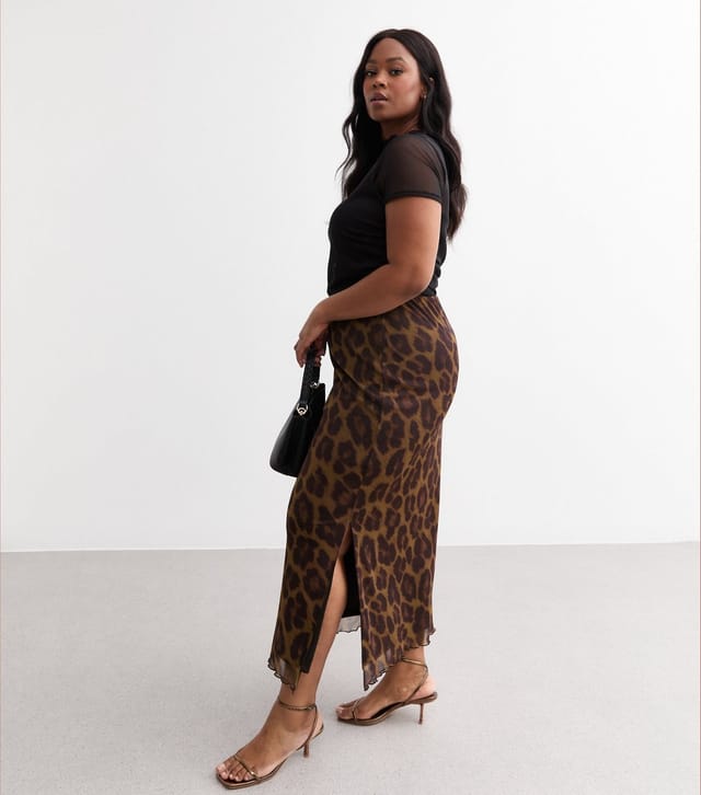 New Look Women's Plus Size Brown Leopard Print Mesh Midi Skirt Curves New Look - 3