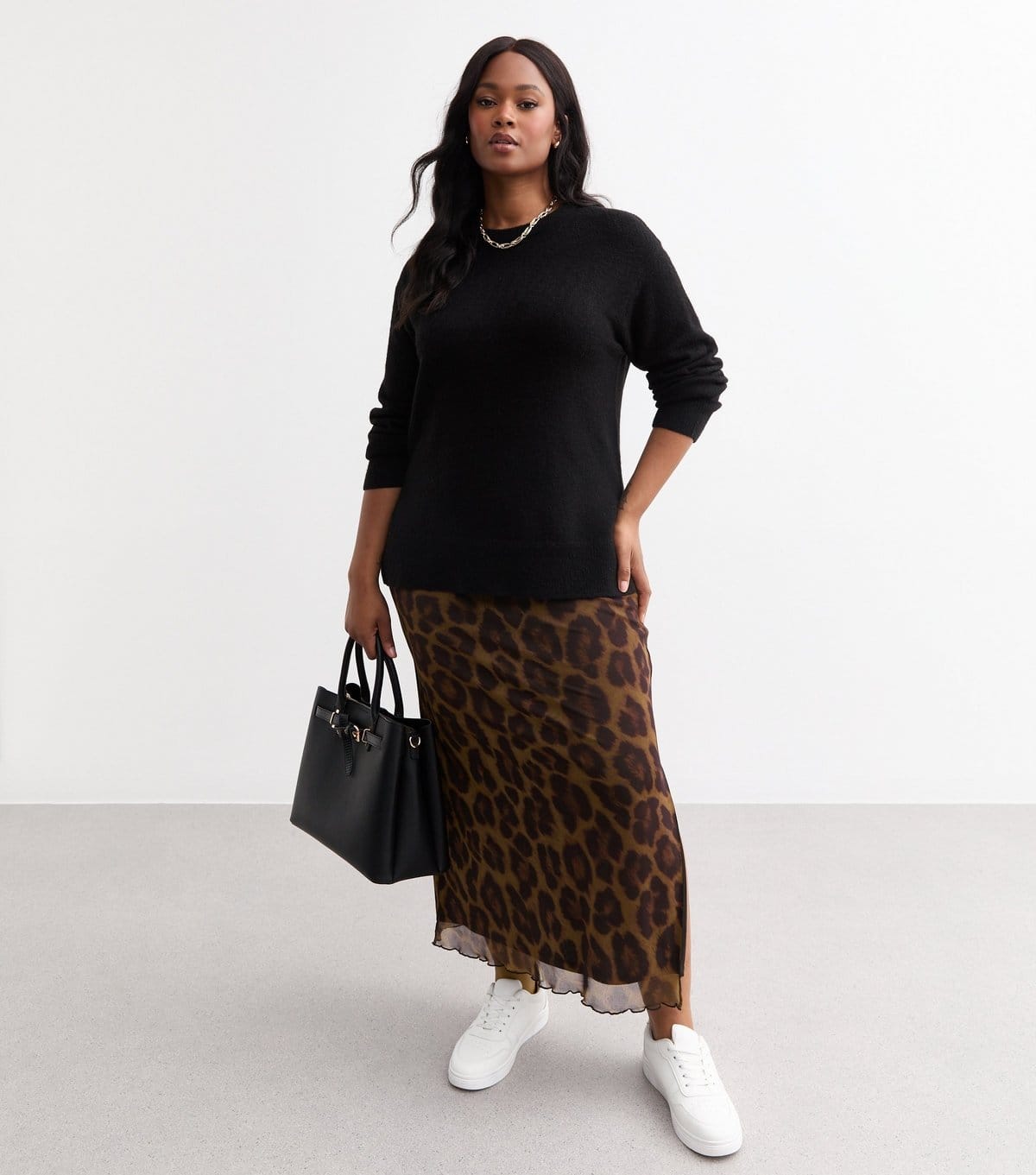 New Look Women's Plus Size Brown Leopard Print Mesh Midi Skirt Curves New Look - 4