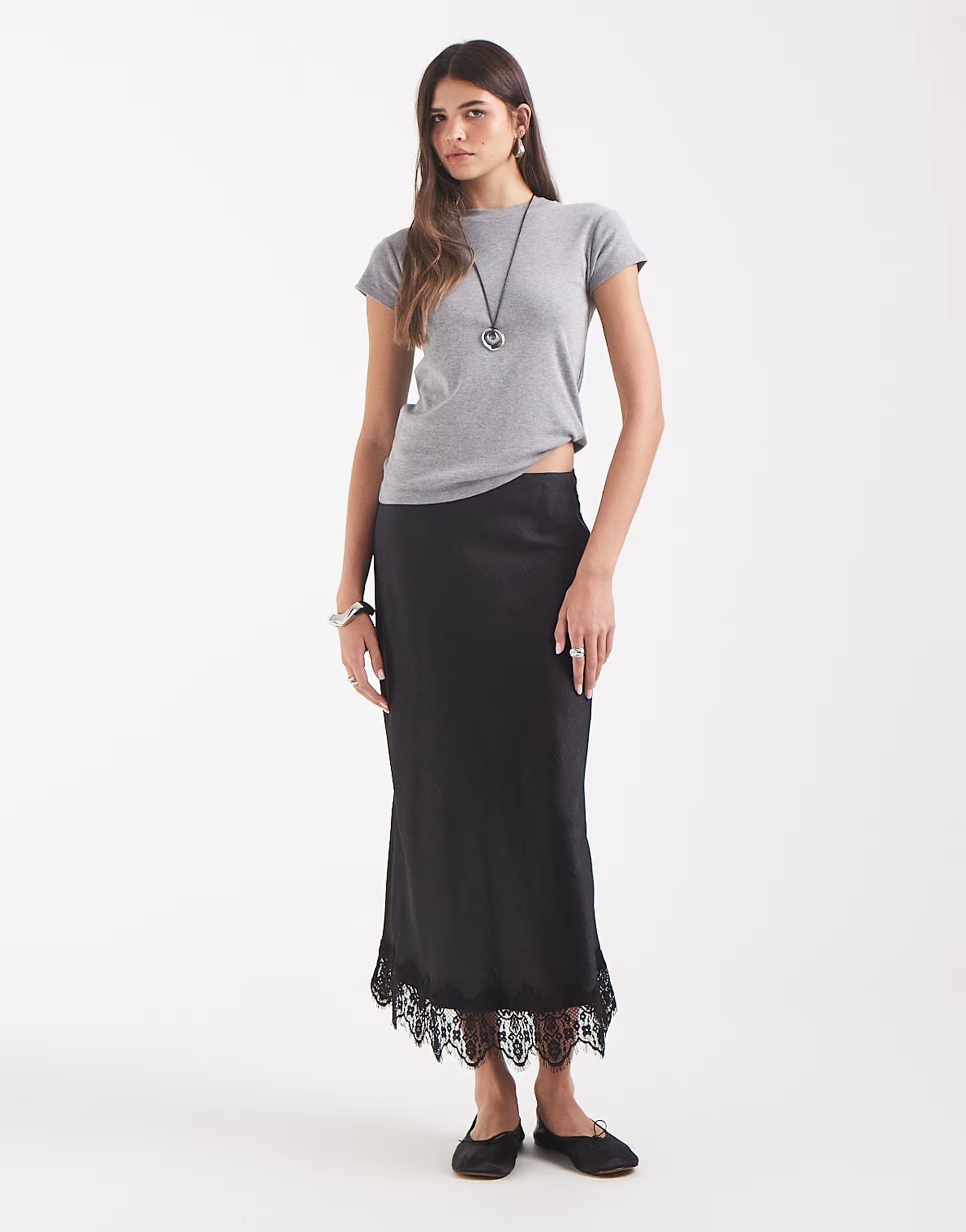 ASOS Vero Moda satin midi skirt with lace detail hem in black