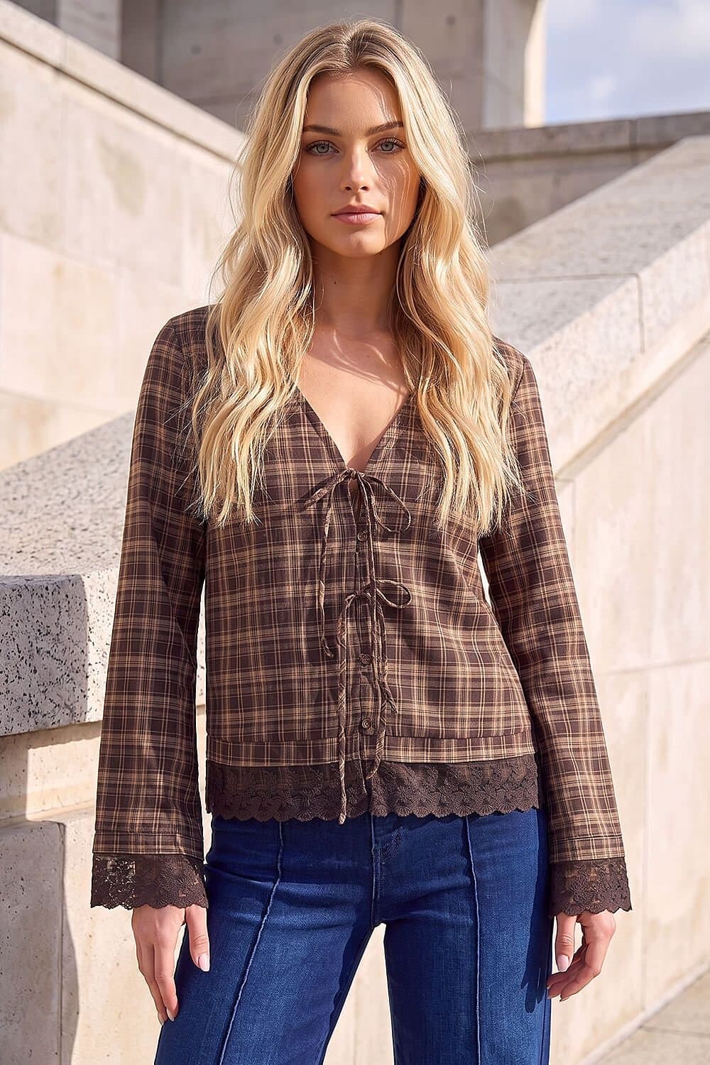 Dusk Dusk Women's Check Lace Tie Top in Chocolate