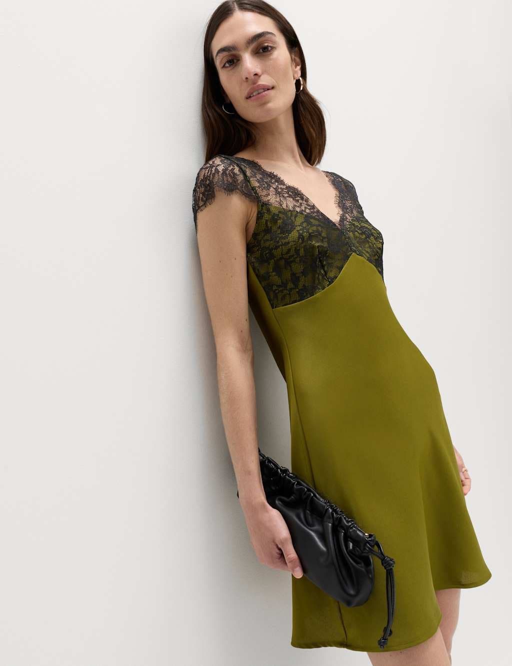 Marks & Spencer M&S Satin Lace Mini Slip Dress Olive