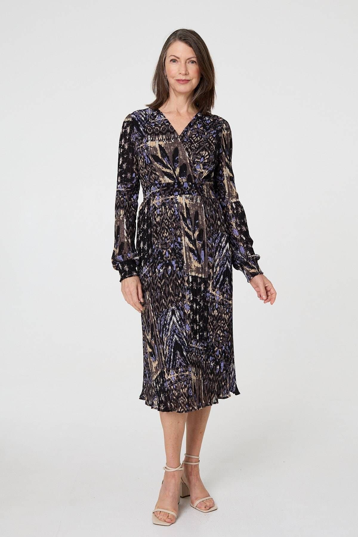 Izabel London Izabel London Women's Printed Shirred Waist Midi Wrap Dress in Black