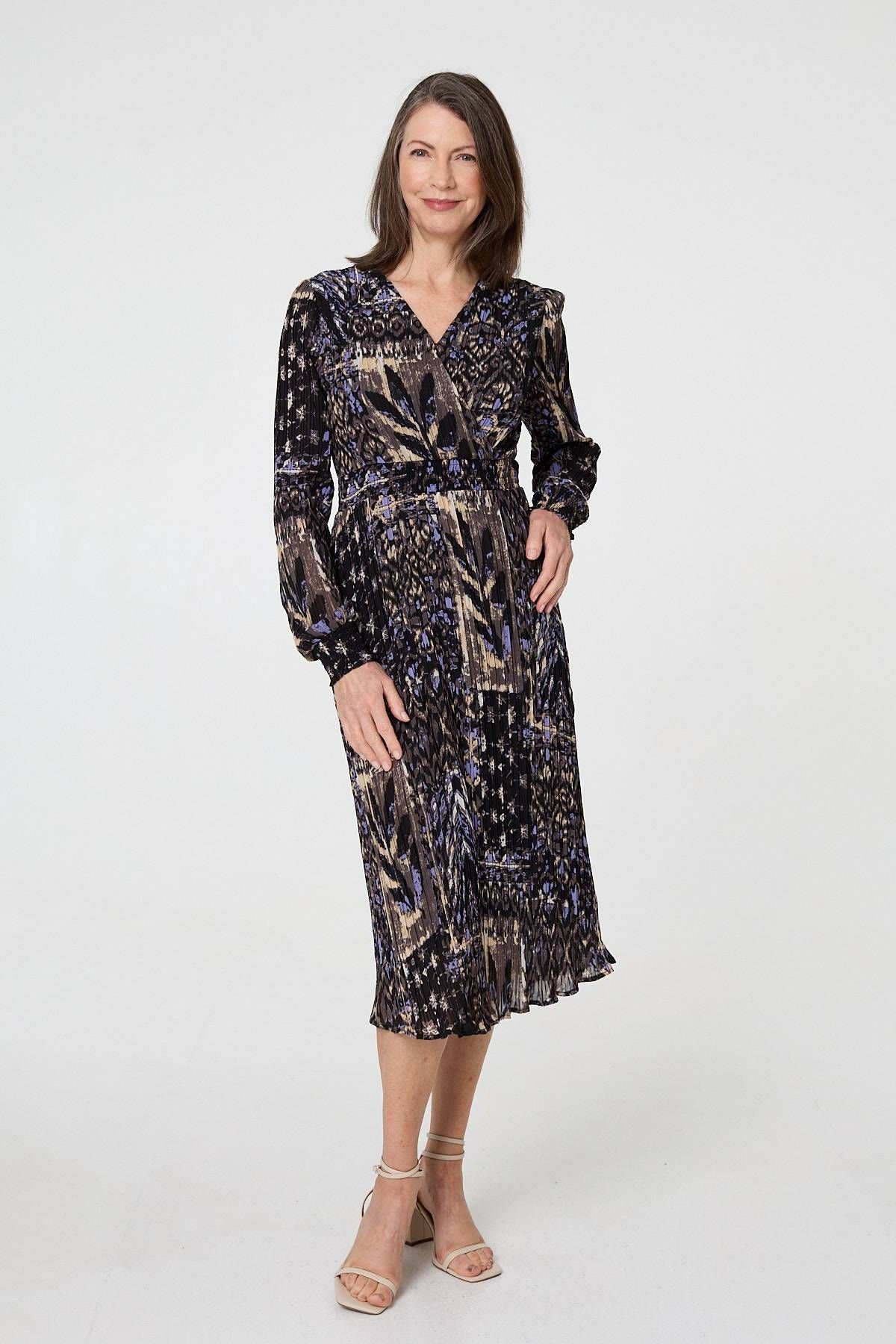 Izabel London Izabel London Women's Printed Shirred Waist Midi Wrap Dress in Black - 3