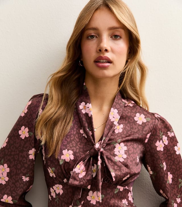 New Look Women's Burgundy Floral Neck Tie Mini Dress New Look - 3