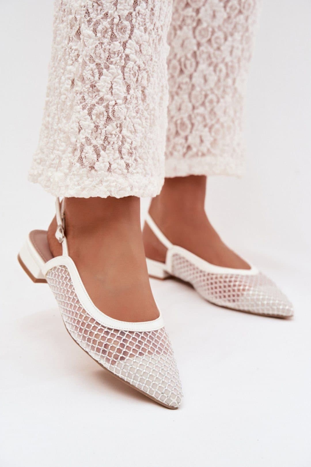 Love Lace Love Lace Women's Ballerina Flats Mesh Pointed Toe Buckle Closure in White