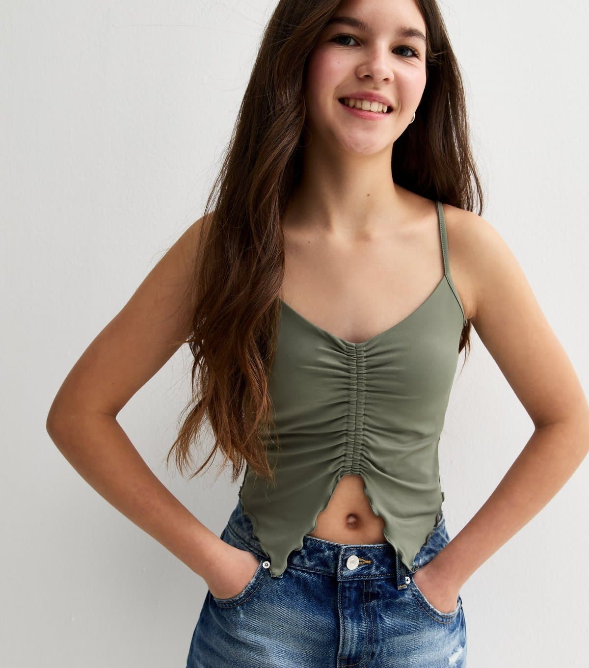 New Look Girls' Light Khaki Slinky Butterfly Hem Cami Top New Look