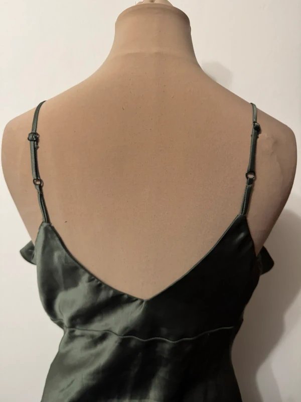 ASOS Design dark green satin silk maxi long slip dress ruffle straps - 1