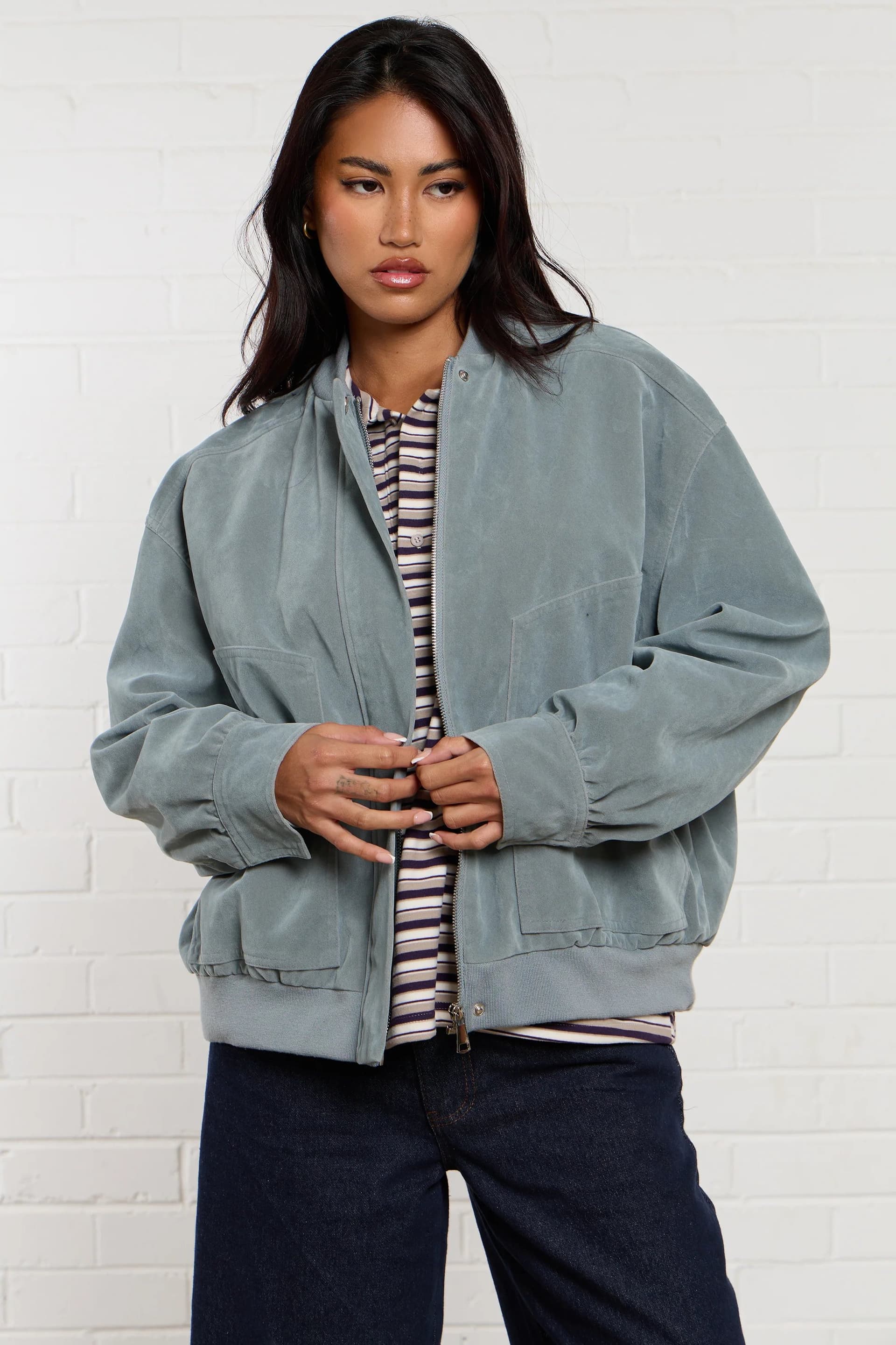 Kaiia Kaiia Faux Suede Bomber Jacket Baby Blue