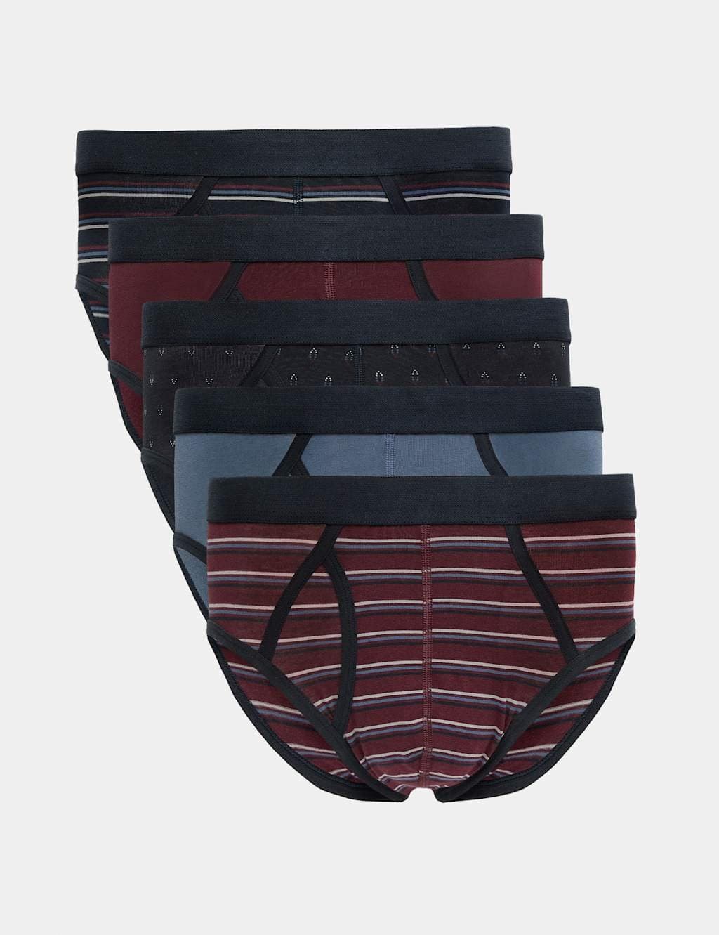 Marks & Spencer M&S 5pk Cotton Rich Stretch Striped Briefs Burgundy Mix