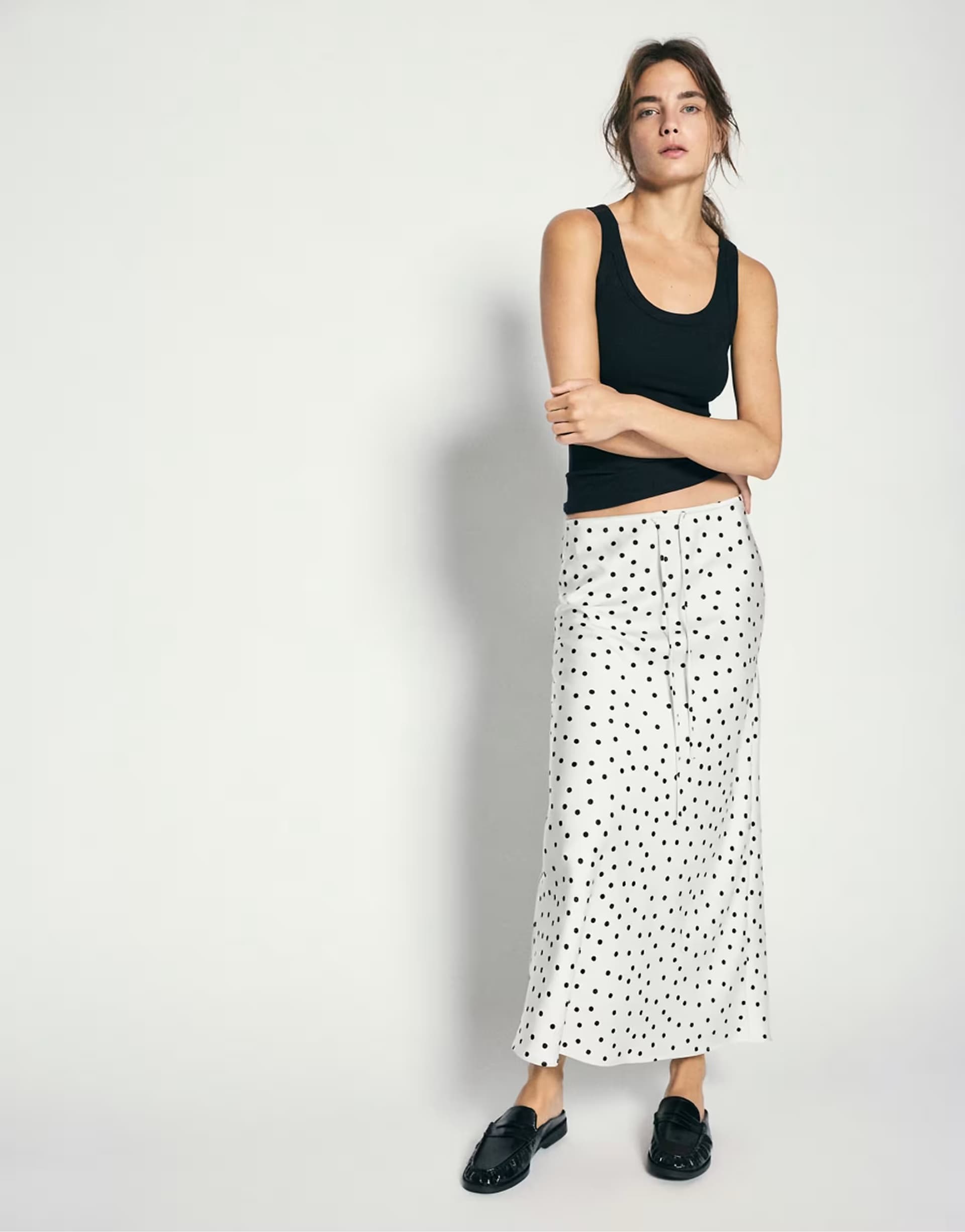 ASOS Pull&Bear Satin drawstring midi skirt in white
