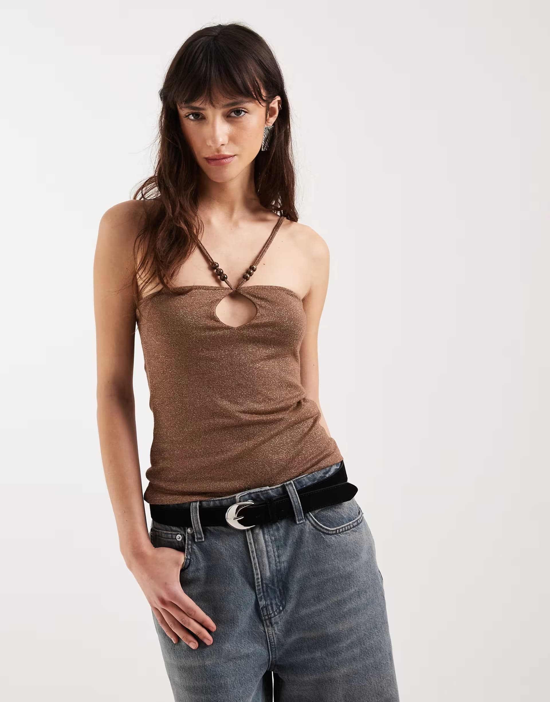 ASOS Motel Satuna shimmer knit beaded halter top in brown