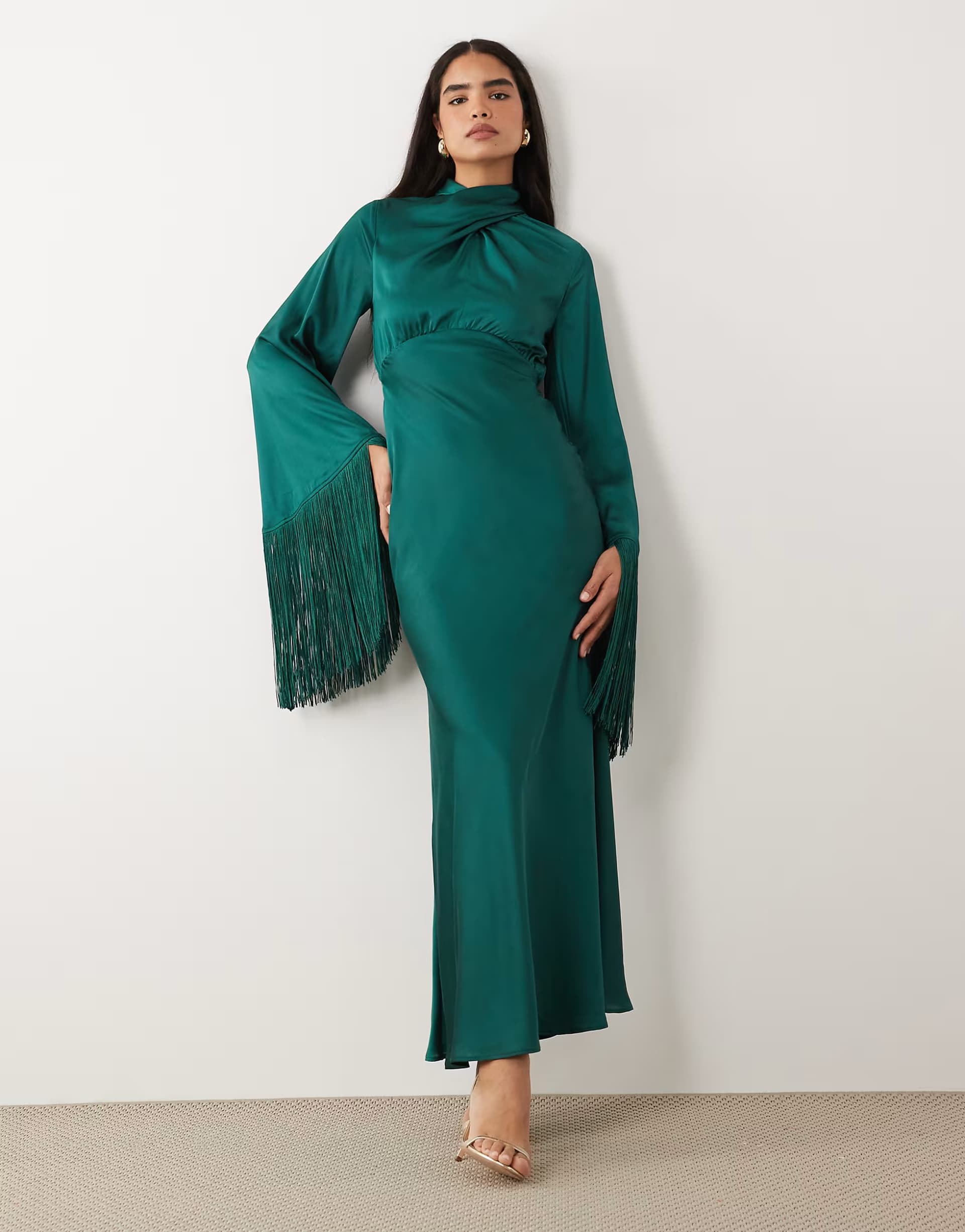 ASOS ASOS DESIGN draped neck satin bias maxi dress with fringe sleeve detail in teal