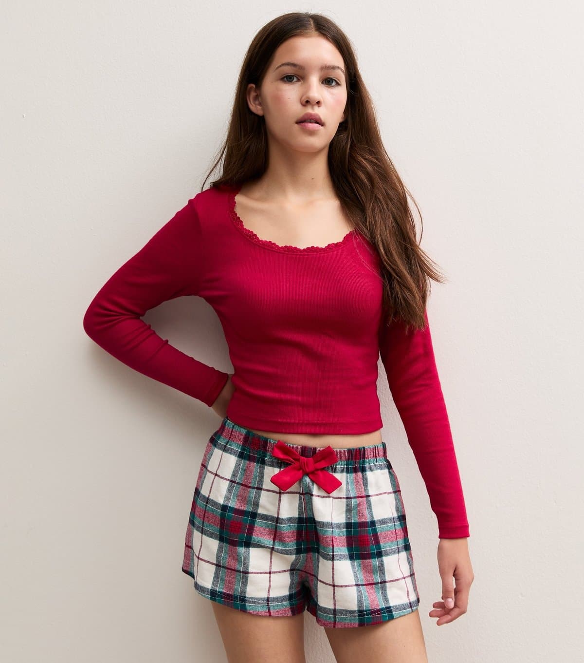 New Look Girls' Bright Red Cotton Rich Long Sleeve Checked Shorts Pyjama Set New Look
