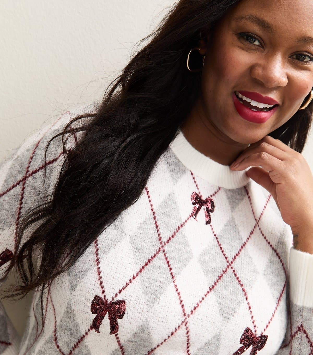 New Look New Look Cream Argyle Sequin Bow Jumper