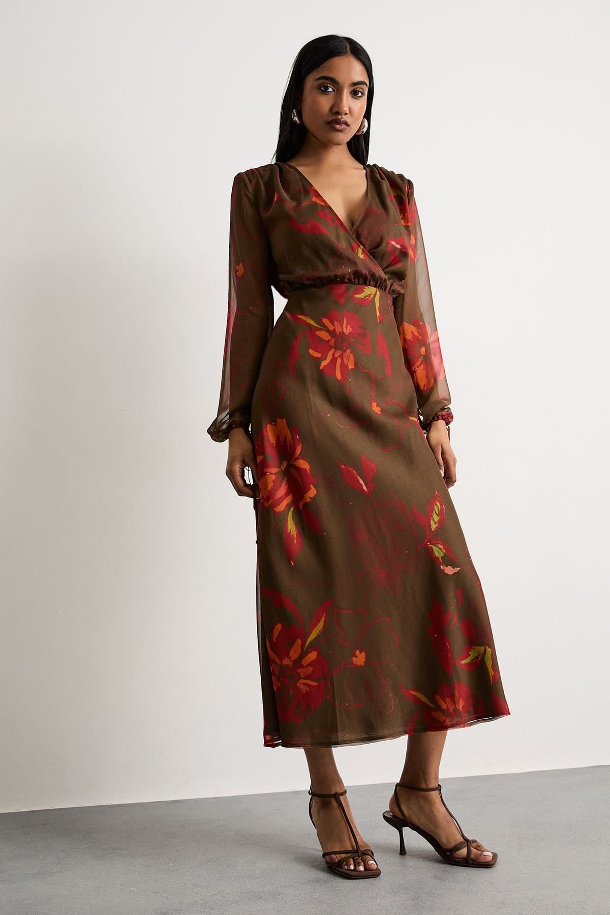 Warehouse Warehouse Brown Printed Midi Dress with Shoulder Pads