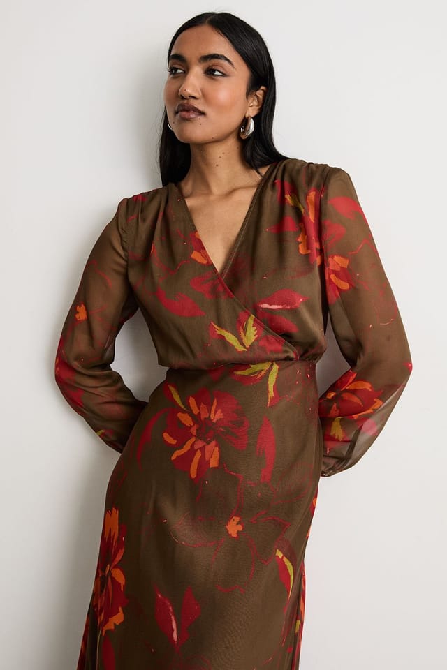 Warehouse Warehouse Women's Printed Shoulder Pad V Neck Tie Detail Midi Dress in Brown - 2