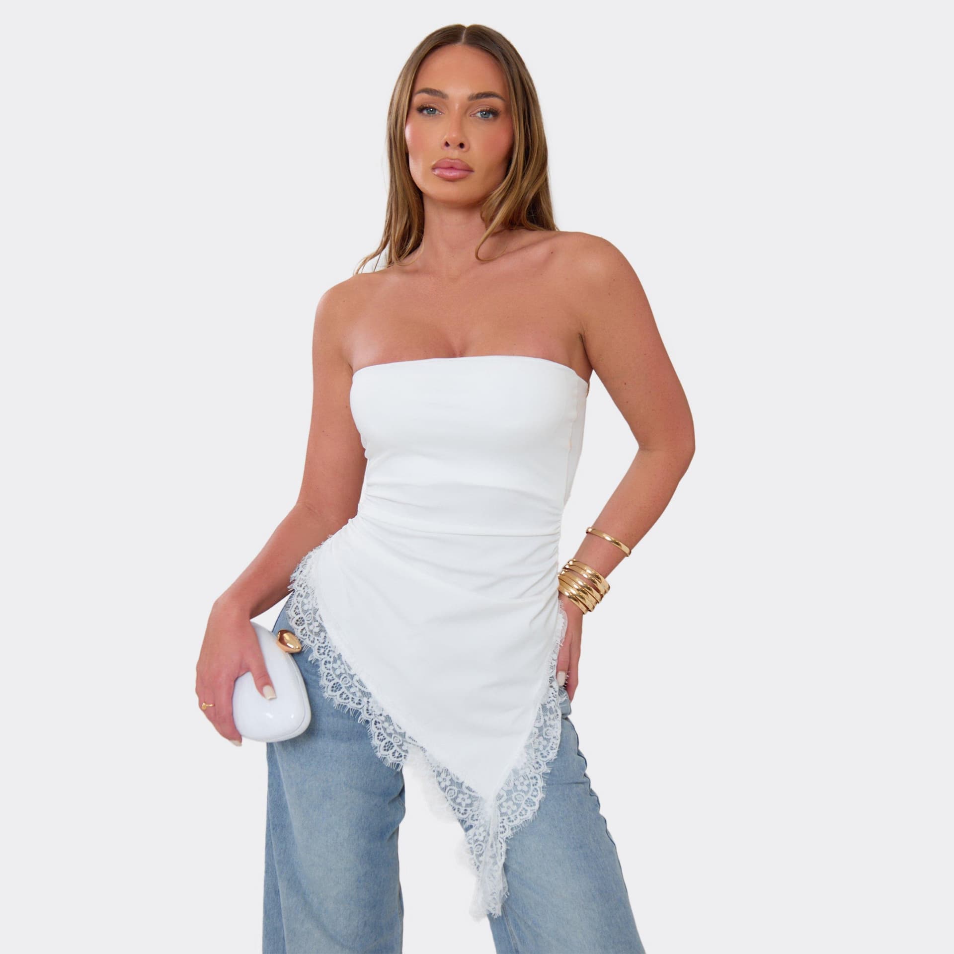 EGO EGO White Lace Bandeau Asymmetric Hem Top