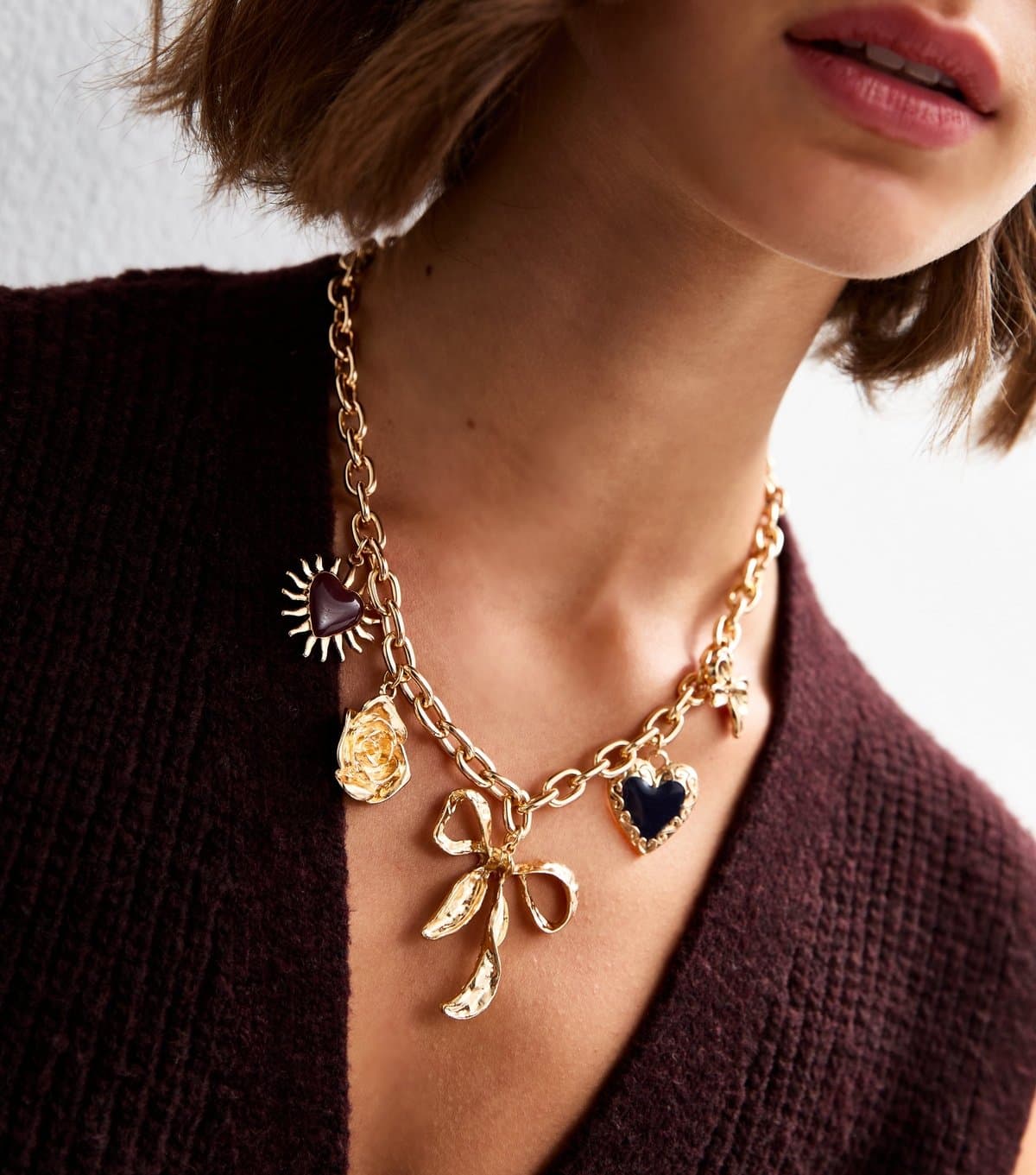 New Look Gold Tone Statement Bow Charm Necklace New Look