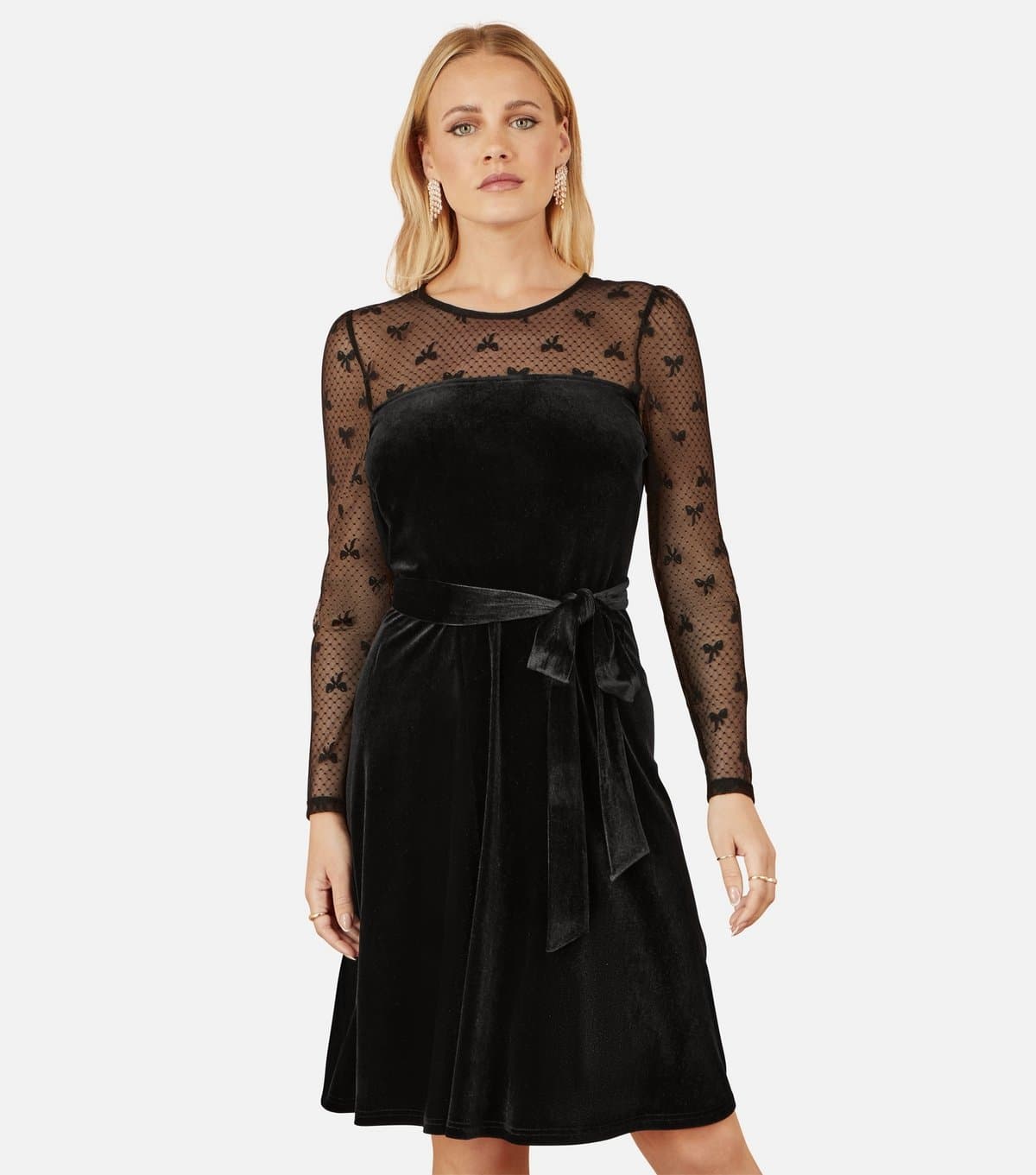 Yumi Women's Black Bow Mesh Skater Dress Yumi New Look