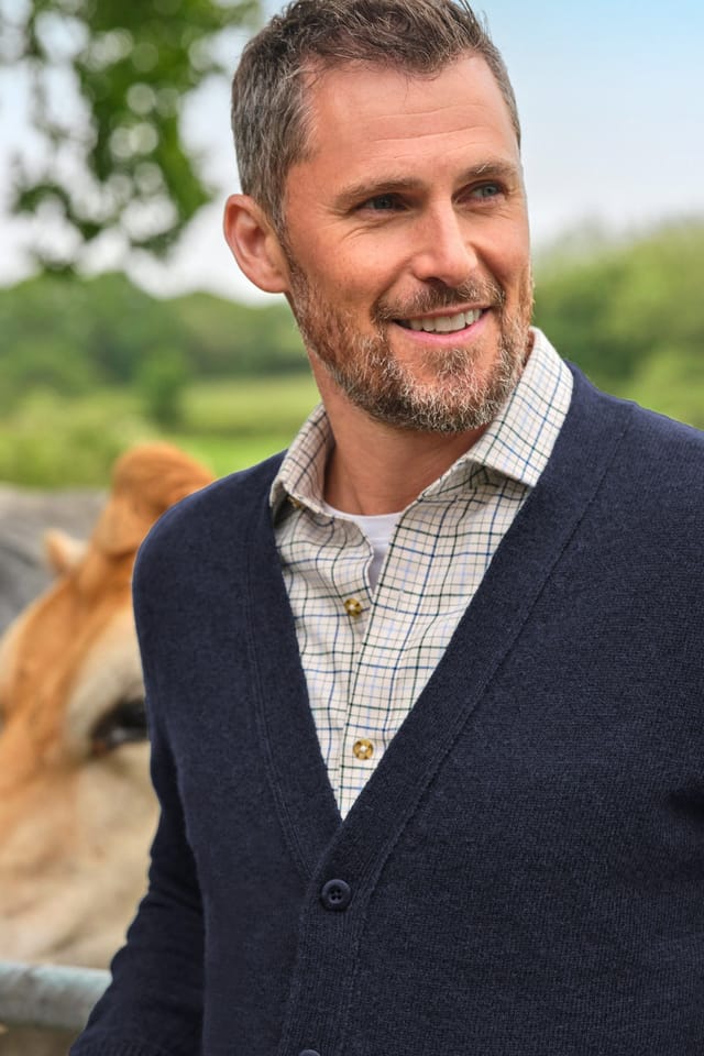 WoolOvers WoolOvers Men's 100% Wool V Neck Cardigan in Mid Navy - 2