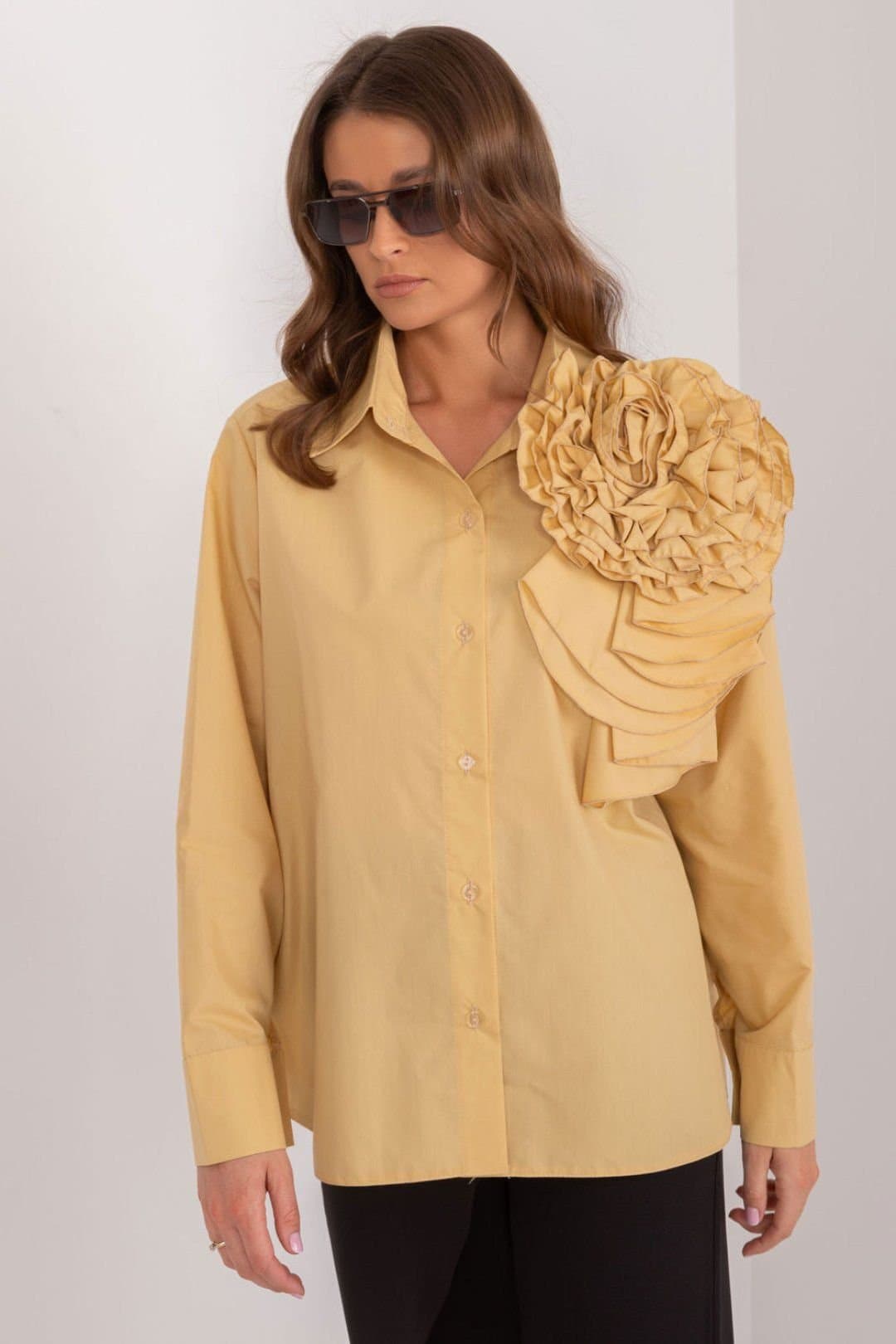 Love Lace Love Lace Women's Elegant Cotton Long Sleeve Shirt with Flower Style 196566 in Yellow