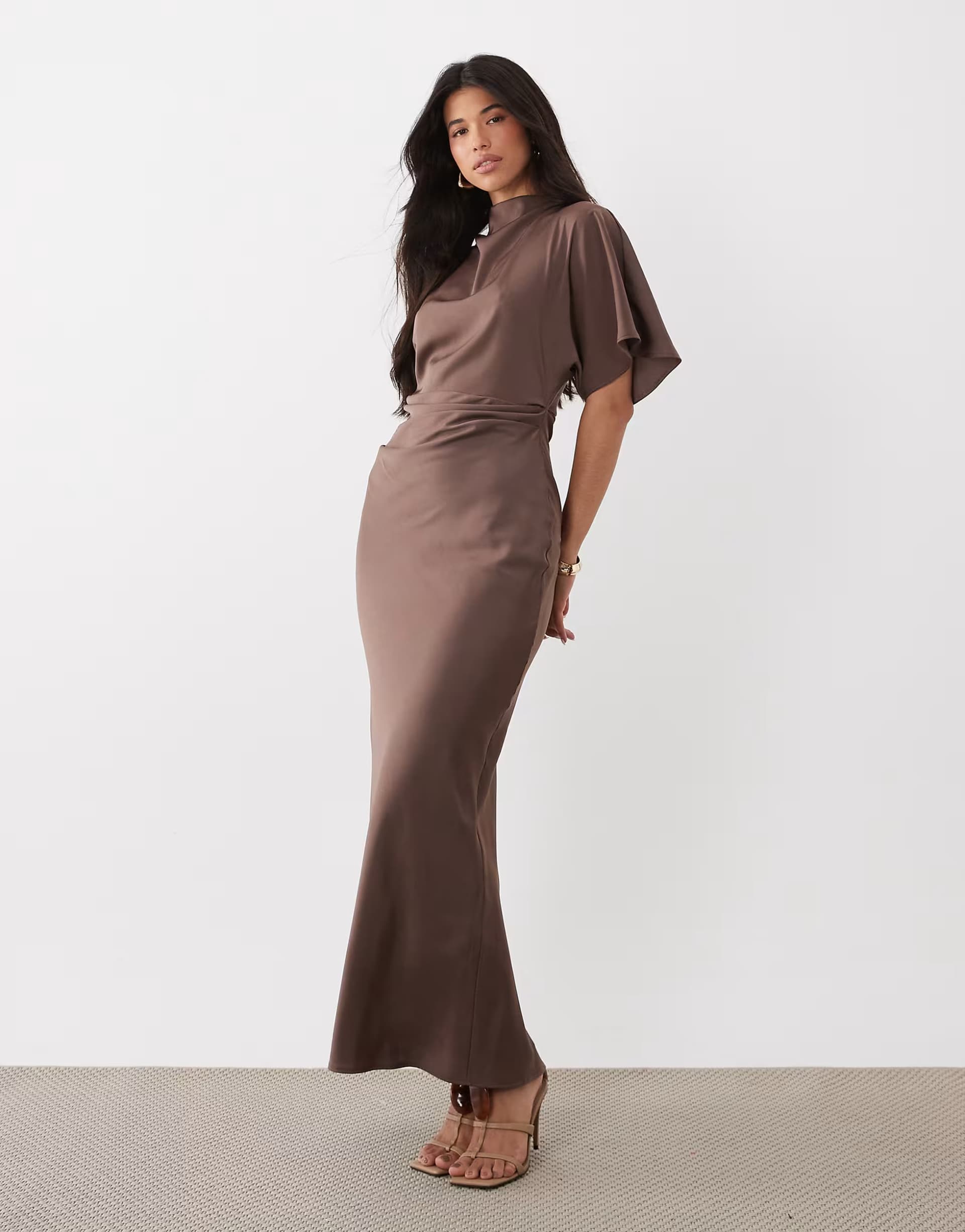 ASOS ASOS DESIGN satin high neck blouson maxi dress with flutter sleeve in light brown