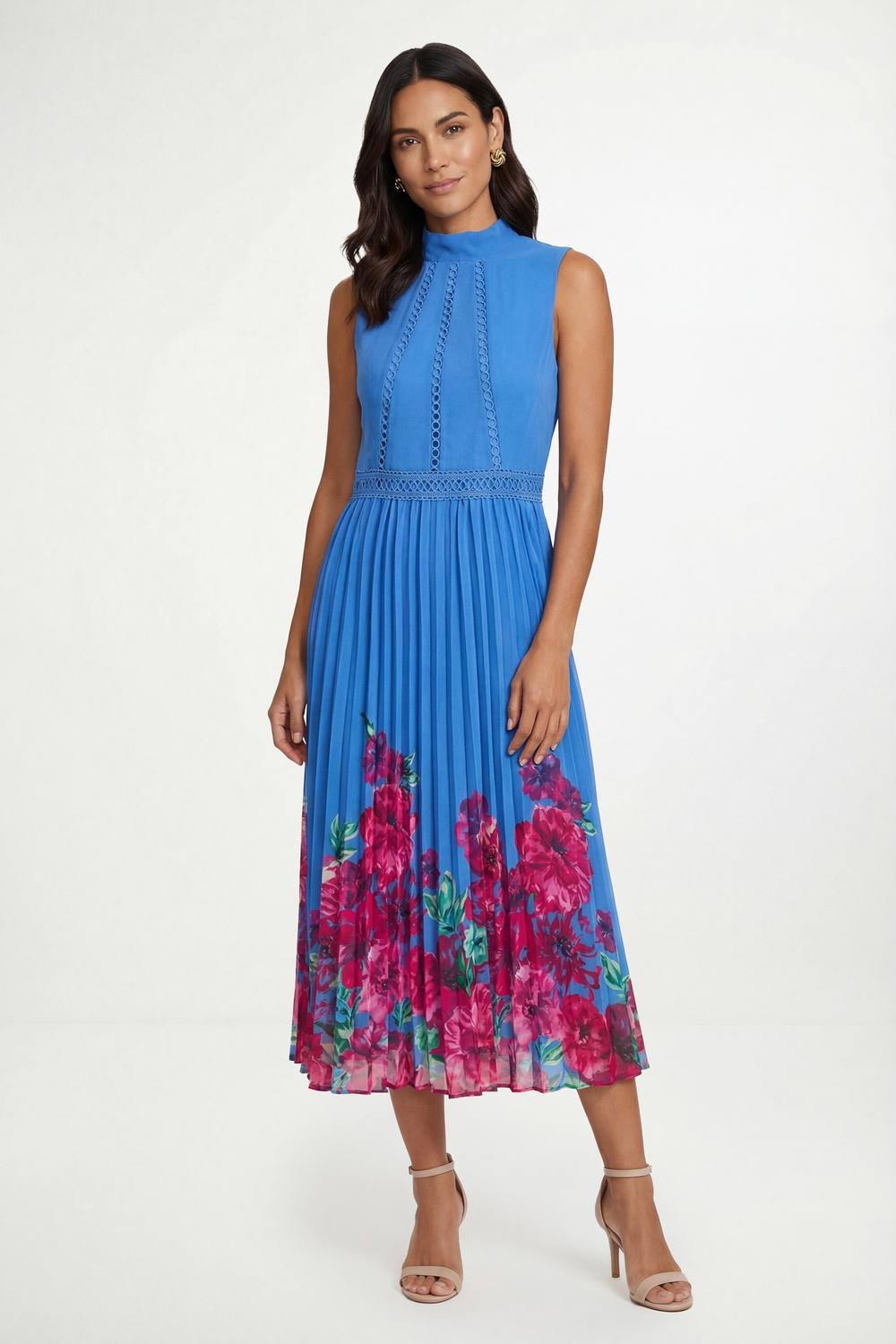 Wallis Wallis Women's Petite Floral Lace Insert Pleated Midi Dress in Blue - 2