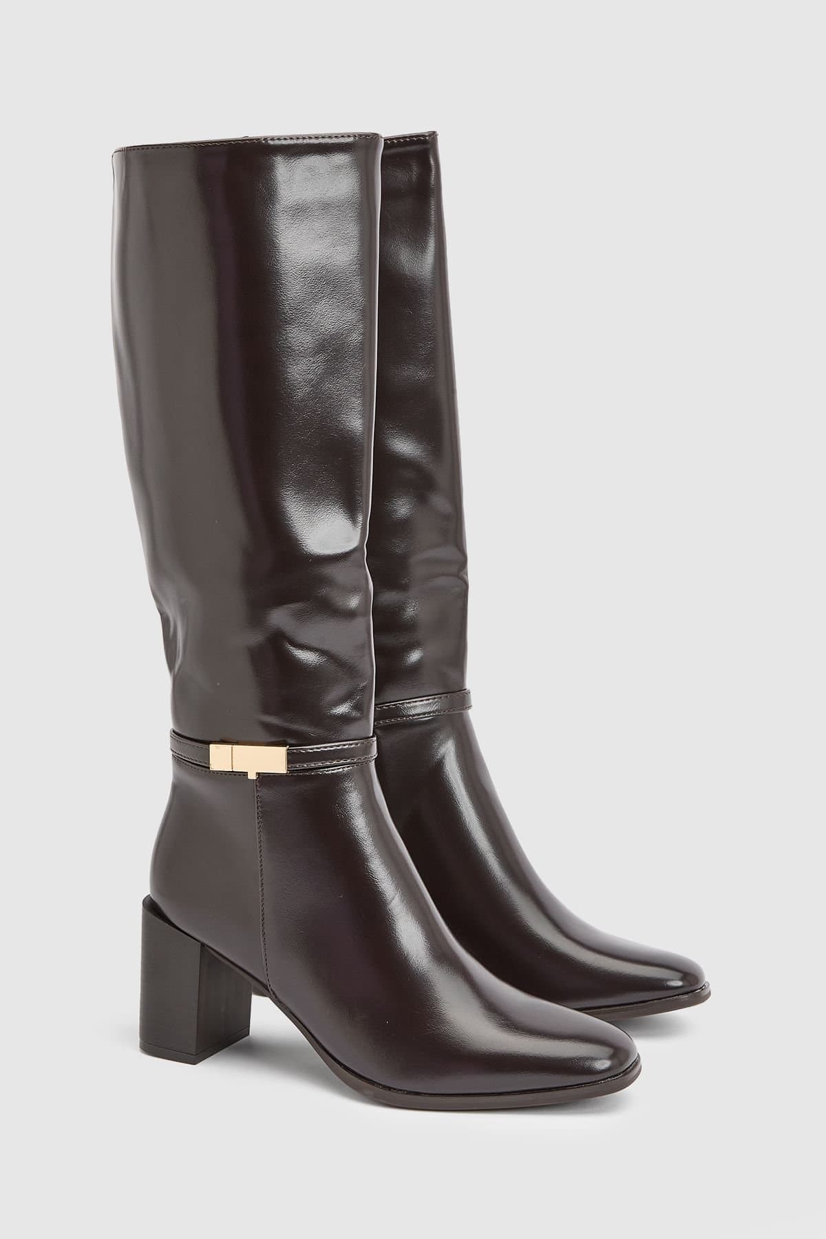 Wallis Wallis Women's Joy Faux Leather Metal Trim High Block Heel High Leg Boots in Brown
