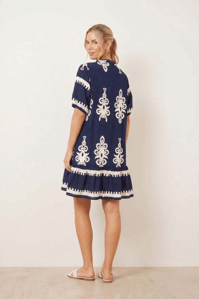 Style Cheat Style Cheat Women's Navy & White Placement Print Smock Mini Dress - 3