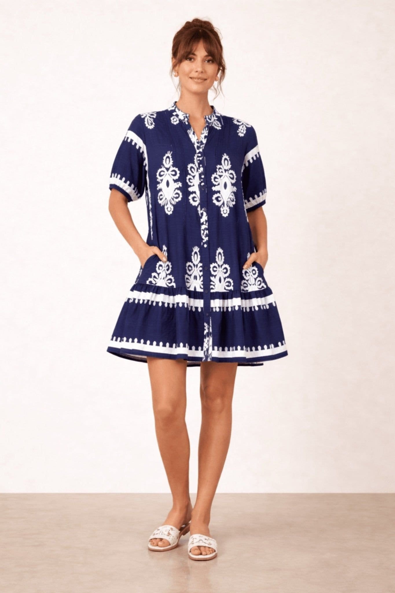 Style Cheat Style Cheat Women's Navy & White Placement Print Smock Mini Dress - 4