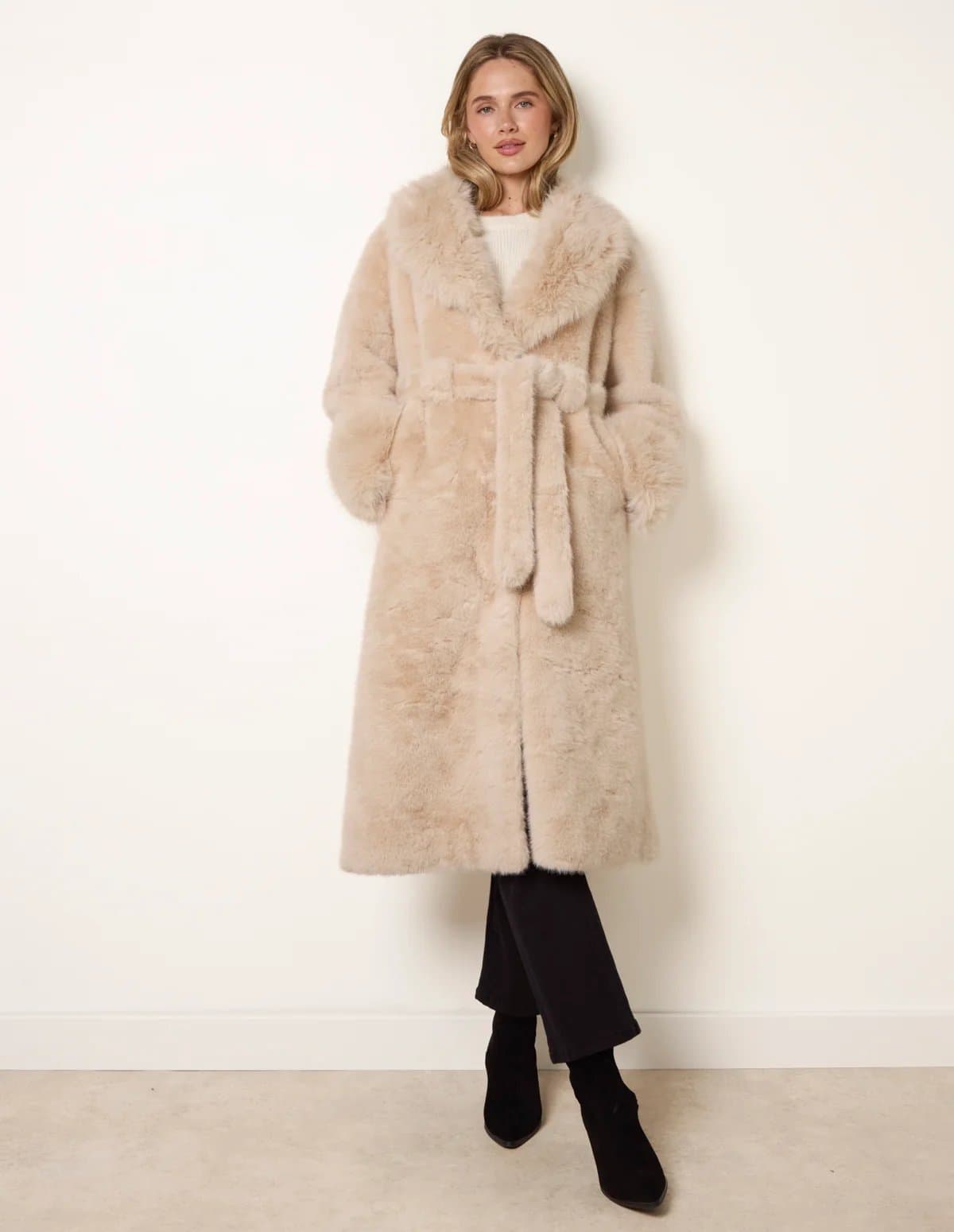 Blue Vanilla Plush Faux Fur Belted Coat
