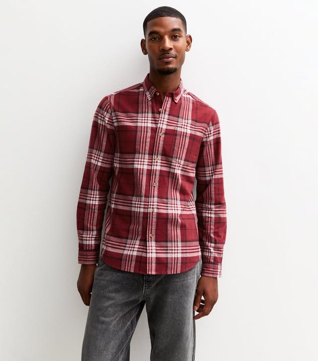 New Look Men's Dark Burgundy Regular Fit Long Sleeve Checked Oxford Shirt New Look - 3