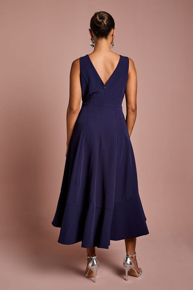 Coast Coast Women's Petite Crepe Ruffle Dress With Low Back in Navy - 3