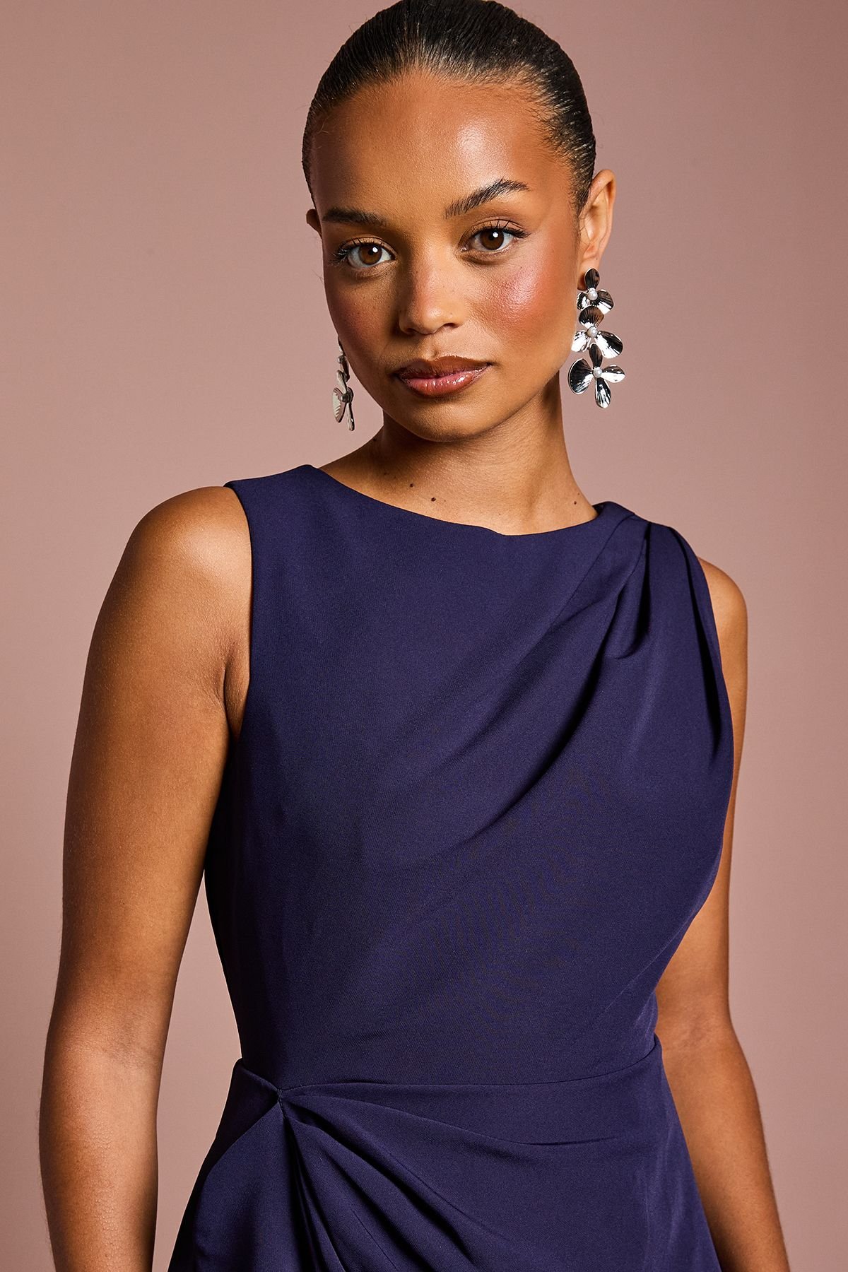 Coast Coast Women's Petite Crepe Ruffle Dress With Low Back in Navy - 4