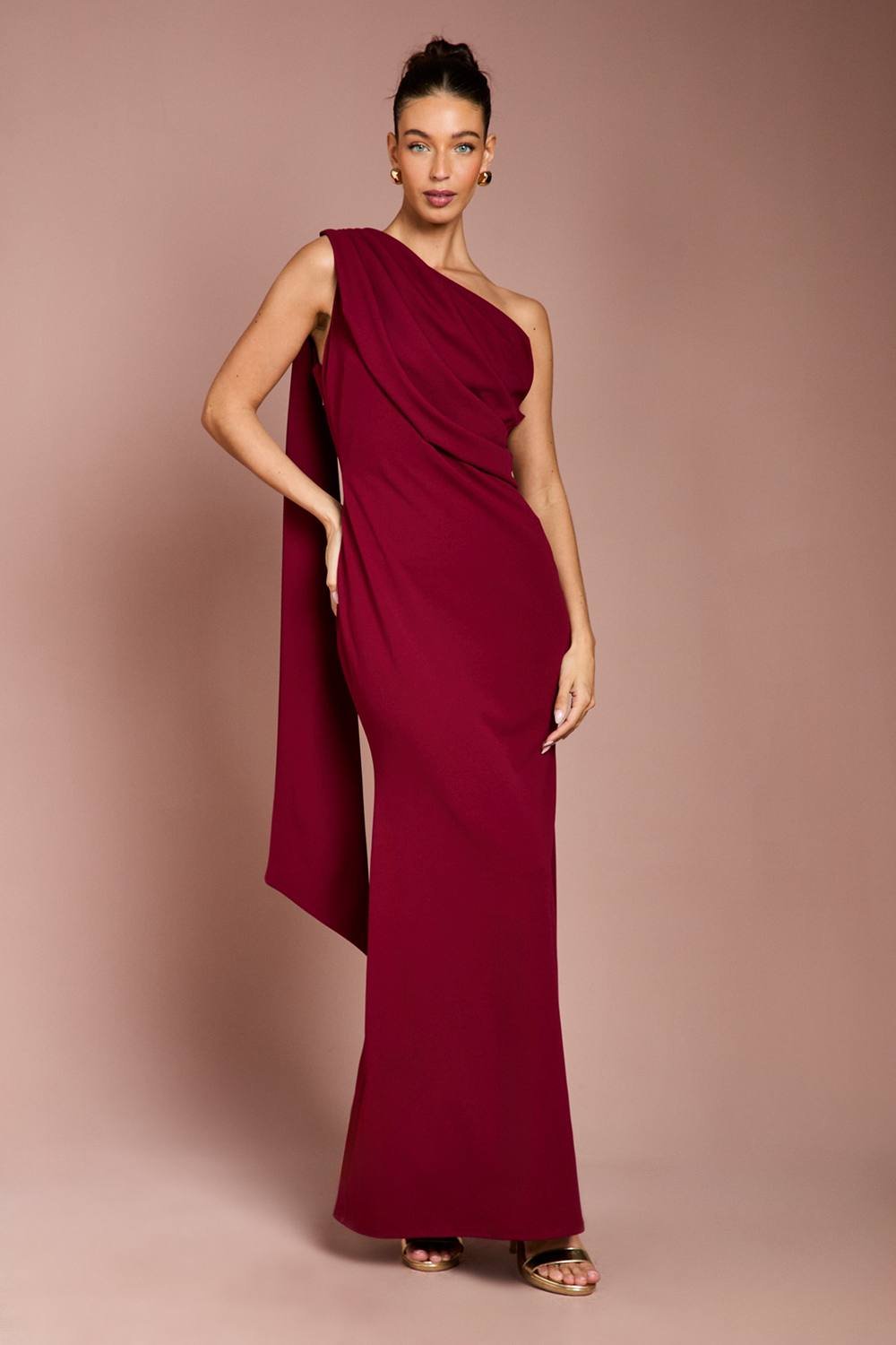 Coast Coast Women's One Shoulder Stretch Crepe Maxi Dress in Wine - 2
