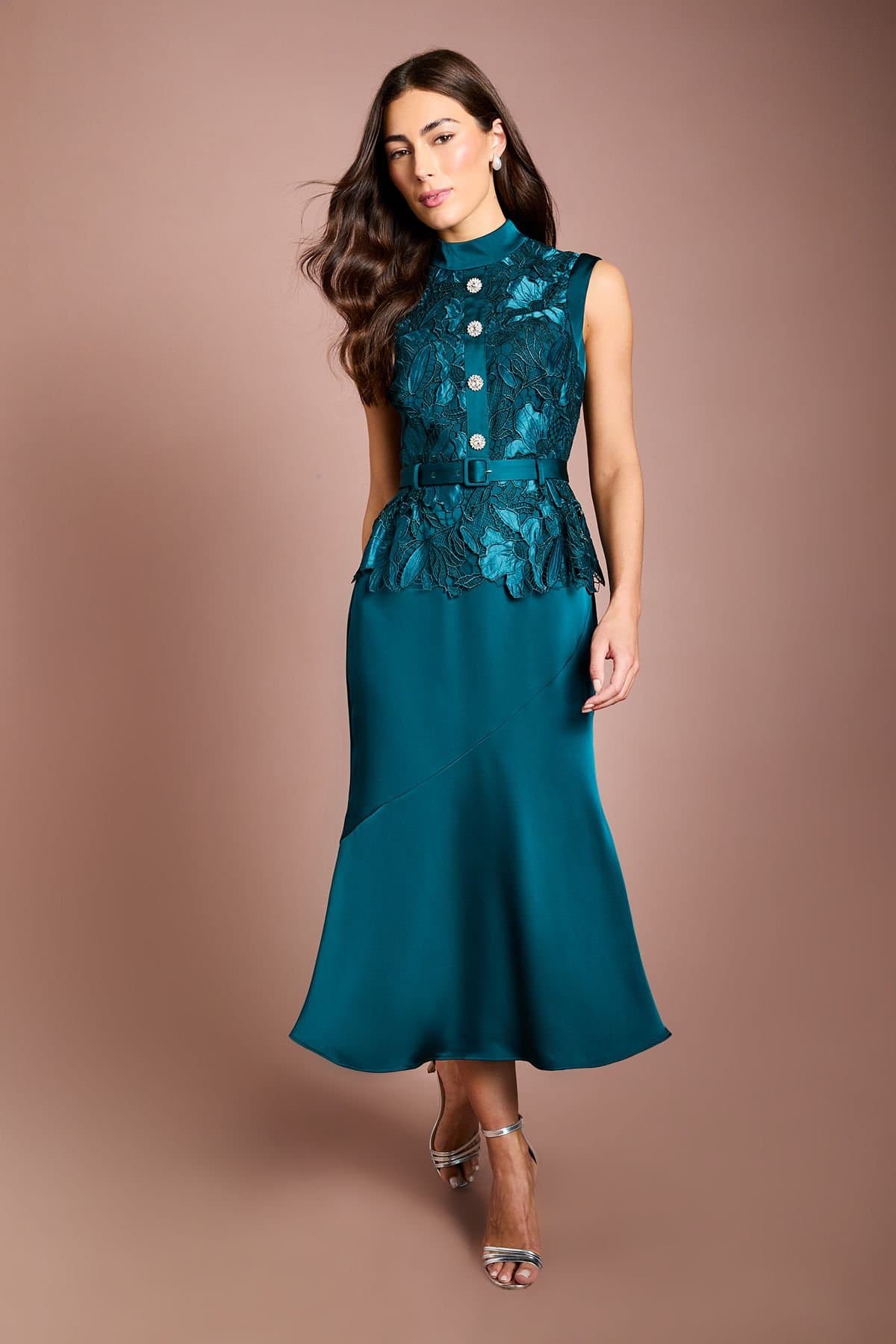 Coast Coast Women's Sleeveless Lace Bodice With Satin Skirt Midi Dress in Teal