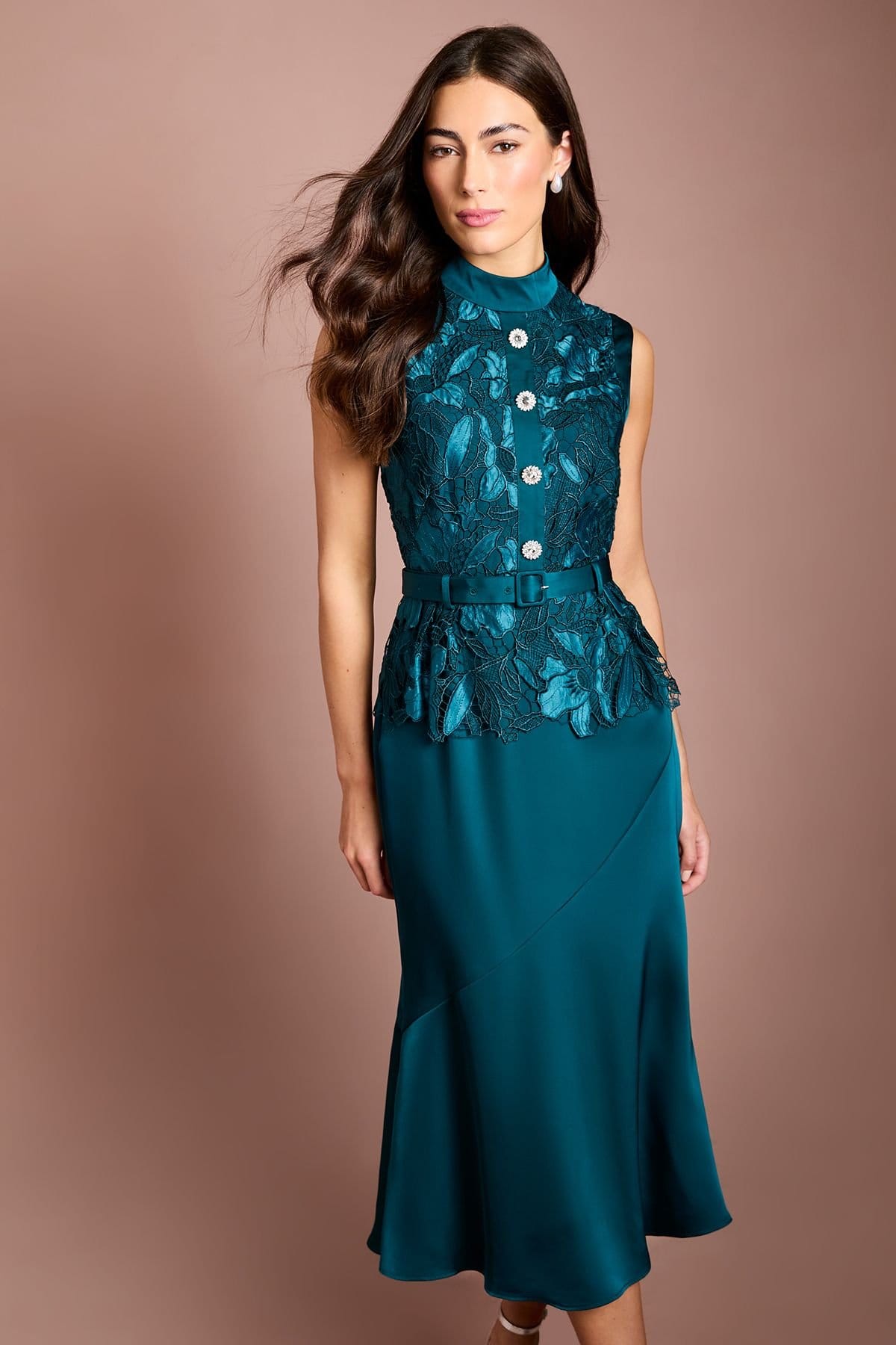 Coast Coast Women's Sleeveless Lace Bodice With Satin Skirt Midi Dress in Teal - 4